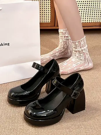 高跟鞋女婚鞋法式一字带玛丽珍鞋防水台粗跟单鞋米白色气质伴娘鞋商品大图