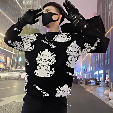 高级感ins国潮印花卫衣男春季2024新款潮流宽松圆领上衣t恤体恤商品大图