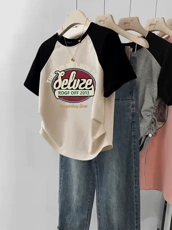 美式复古短袖T恤女夏季新款辣妹装ins潮牌大码短款修身插肩袖上衣商品大图