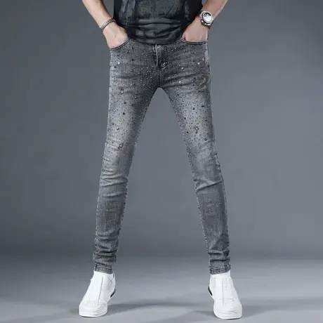 高端潮牌牛仔裤男款春夏季2024新款修身小脚灰色薄款弹力男士裤子商品大图