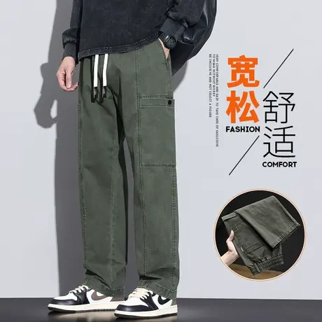 军绿色多口袋秋季阔腿休闲裤子2023年新款男士纯棉美式工装春秋款商品大图