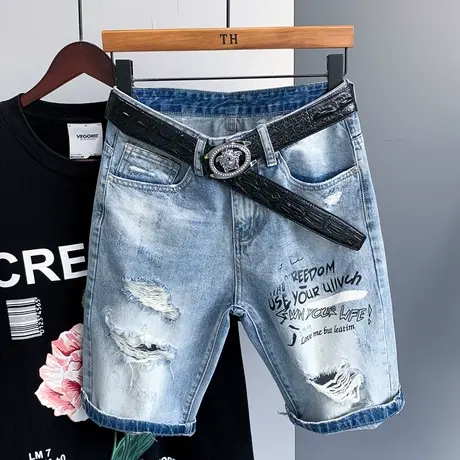 2021夏季新款印花破洞牛仔短裤男潮牌五分中裤子修身韩版潮流马裤商品大图