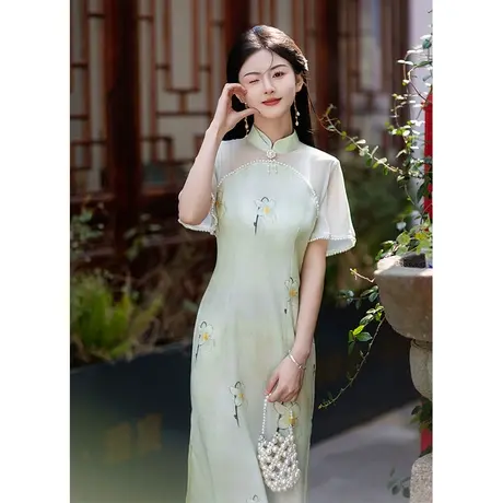 绿色旗袍夏季新款2024改良新中式年轻款少女小个子日常可穿民国风商品大图