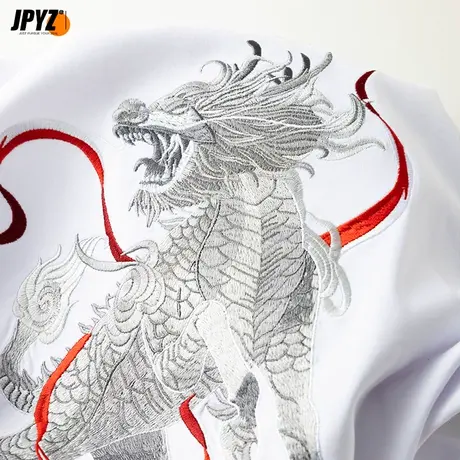 国潮麒麟刺绣短袖t恤男夏季复古潮牌五分袖衣服宽松高街男生体恤图片