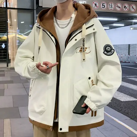 假两件外套男春秋季新款宽松休闲夹克男青少年潮牌美式连帽冲锋衣商品大图