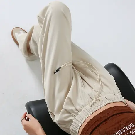 冰丝阔腿裤女2024春夏薄款高腰松紧腰休闲长裤宽松直筒裤拖地长裤商品大图