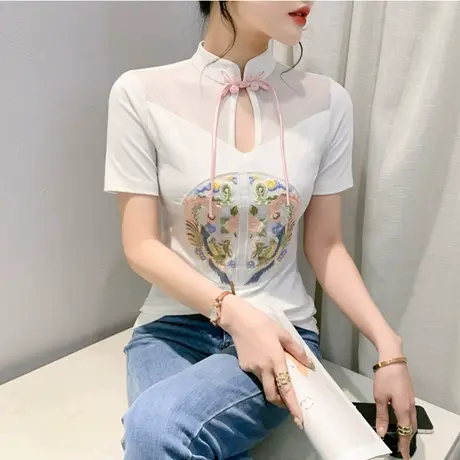 复古国风女装设计感盘扣T恤短袖时尚气质修身上衣镂空刺绣打底衫商品大图