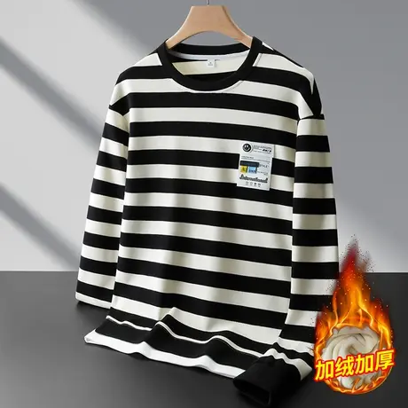 秋冬季加绒加厚条纹T恤卫衣男士2023新款冬天内搭上衣保暖打底衫商品大图