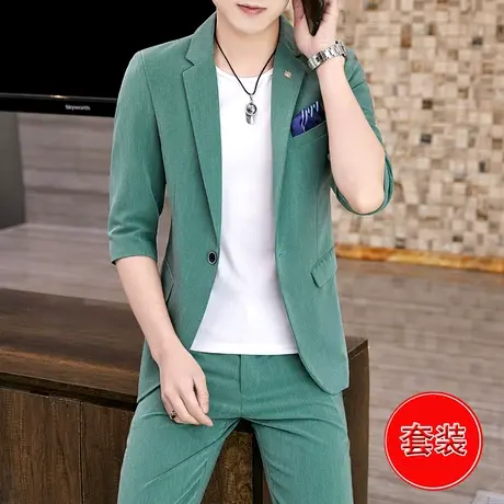 男士休闲七分袖西服三件套装潮流薄款韩版男装礼服夏季中袖小西装商品大图
