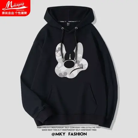 美式黑色卡通米奇连帽卫衣男春秋款宽松大码潮流休闲百搭套头外套商品大图