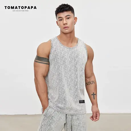 TOMATOPAPA背心花色潮流简约纯色百搭棉无袖马甲青年学生训练上衣商品大图