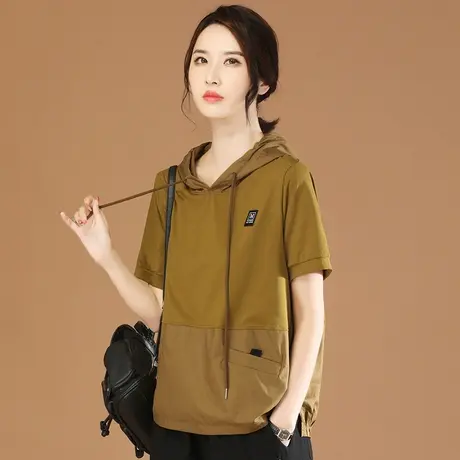 韩潮袭人连帽拼接撞色短袖休闲T恤女夏季新款宽松百搭体恤衫上衣商品大图