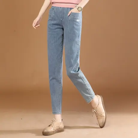 韩潮袭人松紧腰蓝色休闲牛仔长裤女2023秋新款修身显瘦小脚哈伦裤图片