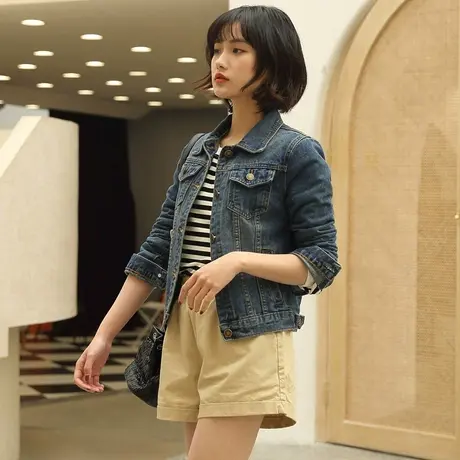 牛仔外套女春秋短款韩版修身显瘦学生长袖新款大码牛仔服上衣深蓝商品大图