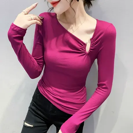 女装2023新款性感露锁骨T恤设计感小众上衣百搭打底衫女长袖春秋图片