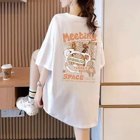 减龄短袖t恤女大码女装2023新款宽松韩版夏季欧洲站纯棉白色上衣商品大图