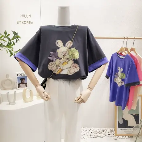 2022夏季新款韩国东大门设计感ins文艺兔子拼色短袖上衣宽松T恤女商品大图