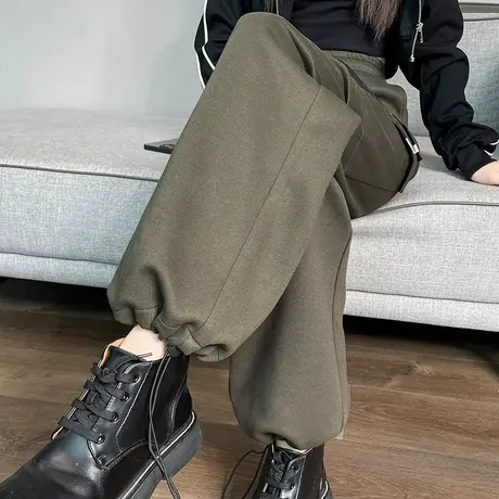 军绿色束脚美式工装裤女高腰阔腿登山小个子休闲抽绳阔腿运动裤潮图片