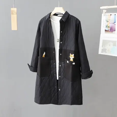 2023秋冬季新款刺绣夹棉格子衬衫外套女加厚宽松保暖棉外套中长款图片