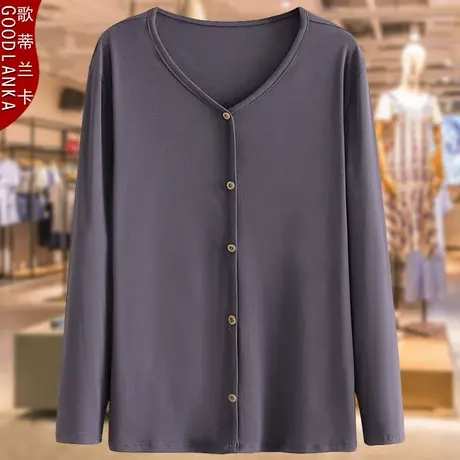 四五十岁妈妈春秋打底衫洋气高贵加肥加大码女装V领长袖纯棉上衣商品大图