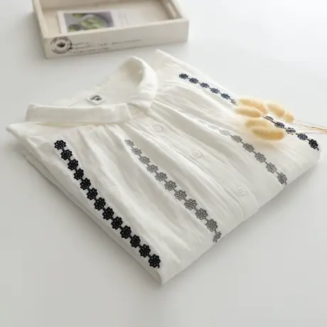 春秋装日系文艺小清新花朵刺绣双层纱长袖白色衬衫女宽松打底上衣图片