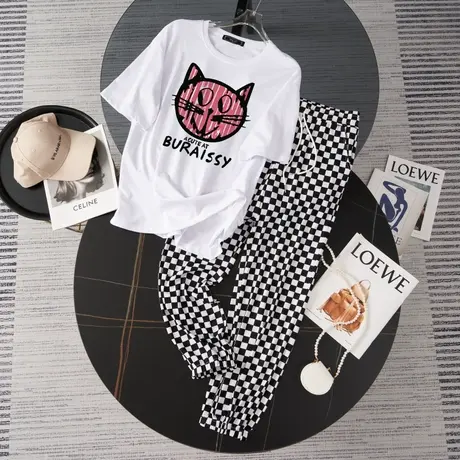 纯棉运动服套装跑步女夏季宽松短袖长裤小个子时尚洋气休闲两件套商品大图