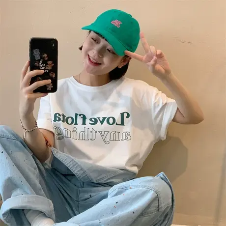 红续简约白色字母印花纯棉短袖T恤女韩版休闲原宿风宽松半袖上衣图片