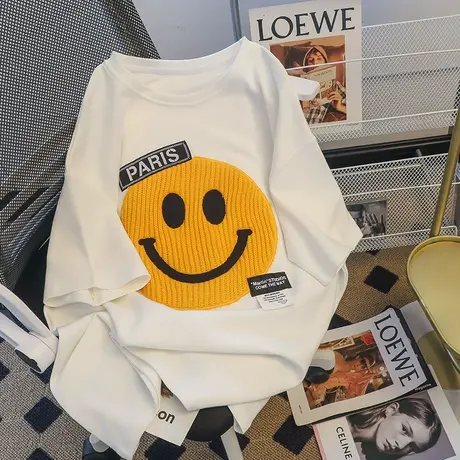 纯棉设计感笑脸短袖t恤女2023新款春夏季宽松高街潮牌正肩上衣服图片