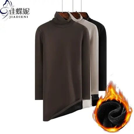 冬季保暖新韩版长袖加绒加厚修身高领打底衫连衣裙开叉中长款女装商品大图