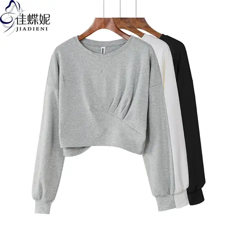 秋冬新款韩版宽松休闲圆领短款纯棉长袖体恤上衣女装时尚褶皱卫衣图片