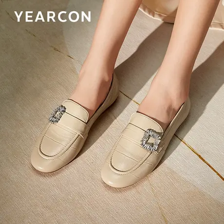 意尔康2023年秋新款单鞋水钻方扣平底鞋一脚蹬英伦风羊皮乐福鞋女商品大图