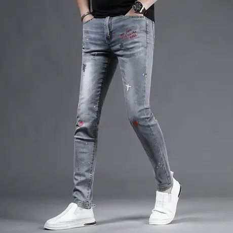 高端印花牛仔裤男款修身小脚裤夏季薄款水洗怀旧蓝弹力男士牛仔裤商品大图