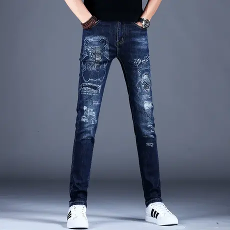 深蓝色小熊大牌牛仔裤男秋款新款2023轻奢休闲长裤修身小脚裤子男商品大图