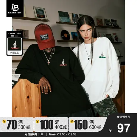 Lilbetter幸运手势华夫格长袖T恤男刺绣美式情侣卫衣圆领复古秋装商品大图