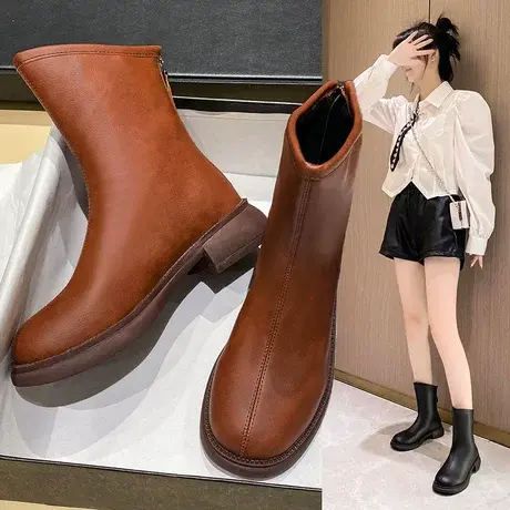 炸街切尔西女鞋短靴女秋冬舒适厚底粗跟英伦风马丁靴子瘦瘦靴圆头商品大图