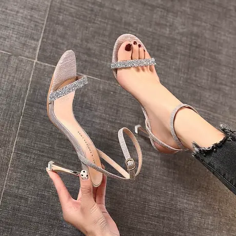 后空凉鞋女2021年新款夏季露趾一字扣带细跟水钻气质高跟鞋仙女风商品大图