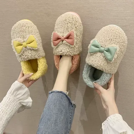 棉拖鞋女冬包跟家居室内家用保暖可爱蝴蝶结情侣厚底月子毛绒冬天商品大图