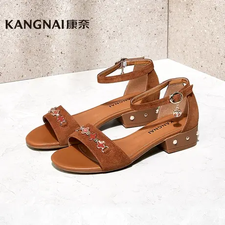 康奈官方女鞋夏季女士凉鞋低跟方跟绒布一字带优雅凉鞋包根商品大图