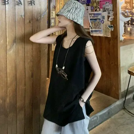 美式复古纯棉吊带坎肩背心无袖t恤女夏季外穿运动篮球服宽松上衣图片