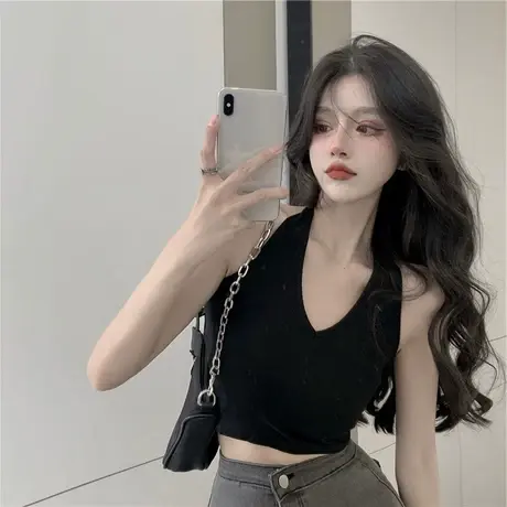 吊带小背心女夏季短款欧美辣妹气质性感纯欲带胸垫外穿挂脖上衣服商品大图
