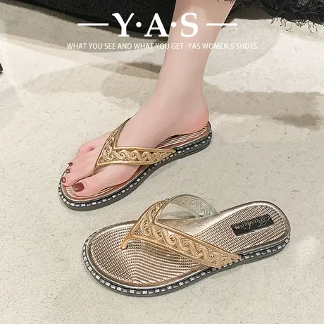 人字拖鞋女时尚ins风水晶夹趾拖鞋夏外穿夹脚海边高级防滑沙滩鞋图片