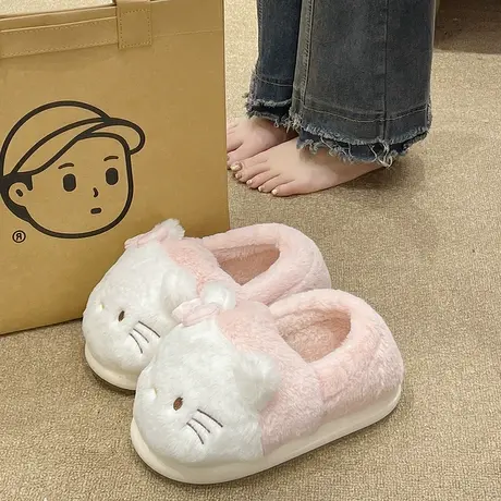 厚底包跟棉拖鞋女冬季新款卡通可爱猫咪室内居家保暖毛绒外穿棉鞋商品大图