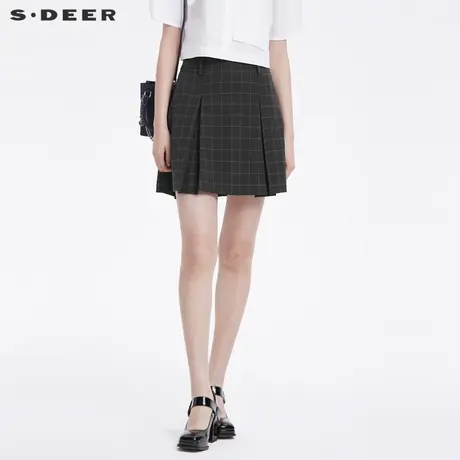 sdeer圣迪奥女装学院风撞色格纹压褶A字短裙S22261306图片