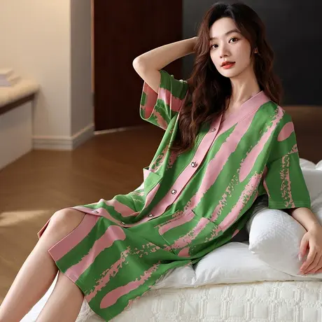 婷美夏季中长款睡裙女士纯棉薄款短袖开衫夏天外出新款睡衣家居服图片