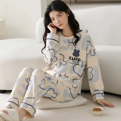 南极人纯棉睡衣女春秋夏季2023年新款带胸垫薄款长袖家居服套装商品大图