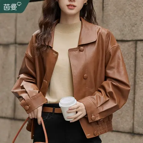 茵曼法式复古翻领夹克外套女2023秋冬新款休闲宽松小个子短款皮衣商品大图