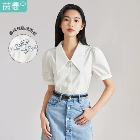 【商场同款】茵曼印花翻领衬衫女士2023夏季新款别致抽绳纯棉衬衣图片