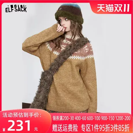 妖精的口袋圆领针织毛衣女2023冬季新款慵懒风宽松复古长袖上衣商品大图