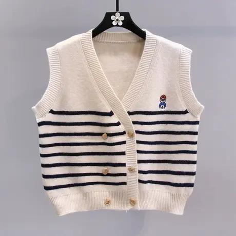 学院风双排扣条纹v领针织马甲女夏季2023年新款宽松无袖毛衣外套图片