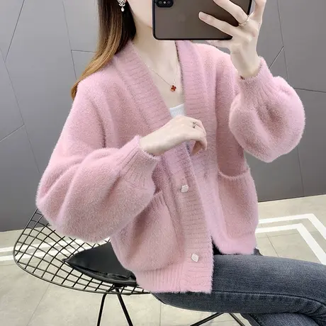 早秋女士短款水貂绒毛衣外套女开衫秋季2023年新款针织上衣春秋装图片